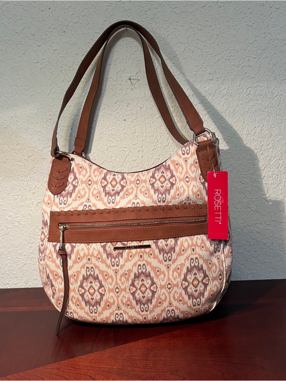 NWT Rosetti Tan & Cream Ikat-Pattern Shoulder Bag with Brown Trim